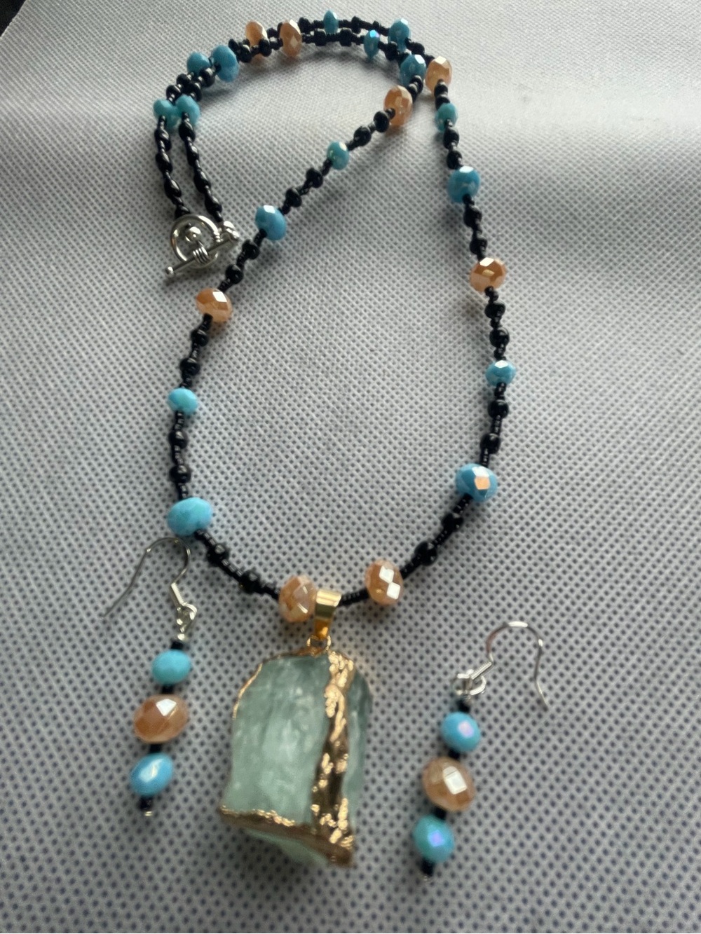 Handmade Turquoise & Peach Beaded Necklace with Green Raw Stone Pendant